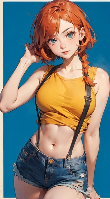 RanmaChan, Red hair, Hair with braid, blue eyess, eyes detailed, masterpiece,High resolution,8k,Detailed anatomy
(Foggy_Pokemon)(One 18-year-old girl)
(Berry Short,Orange Hair,One-sided up hair,Big green eyes,Small breasts,skinny)
(Yellow Sleeveless T-Shirt,Navel exposed,Denim hot pants,Red suspenders,sneakers)
There's a soul in my eyes.