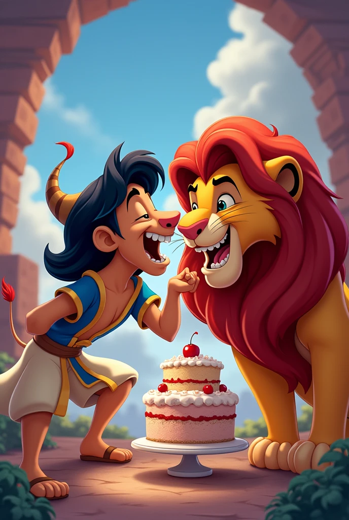 Alladin and Simba fighting over a piece of cake, while the patera laughs at the situation