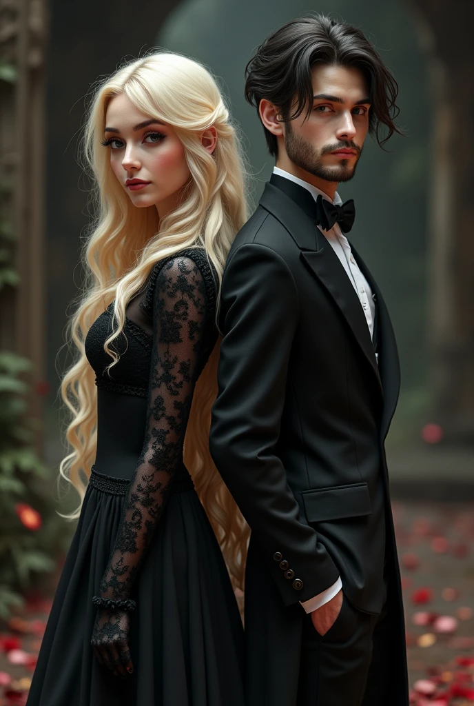 a couple, composed of a vampire, whose blonde hair falls softly down her back, He is facing away from his partner, dressed in a gothic and elegant way, His skin is pale, The man is a young dwarf, shorter than the girl, with cheerful features on his face, black hair, short beard. They are back to back, She es más alta que el, She.He is 1m65 tall while the dwarf is 1m50 tall.