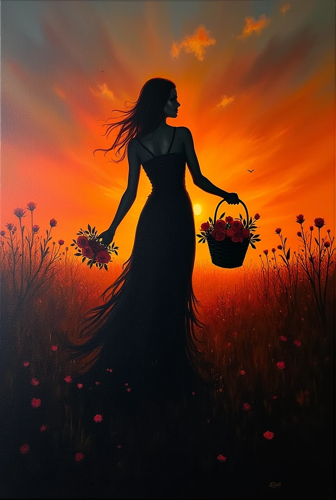 Black silhouette canvas painting of a woman picking roses in the field with a basket at sunset