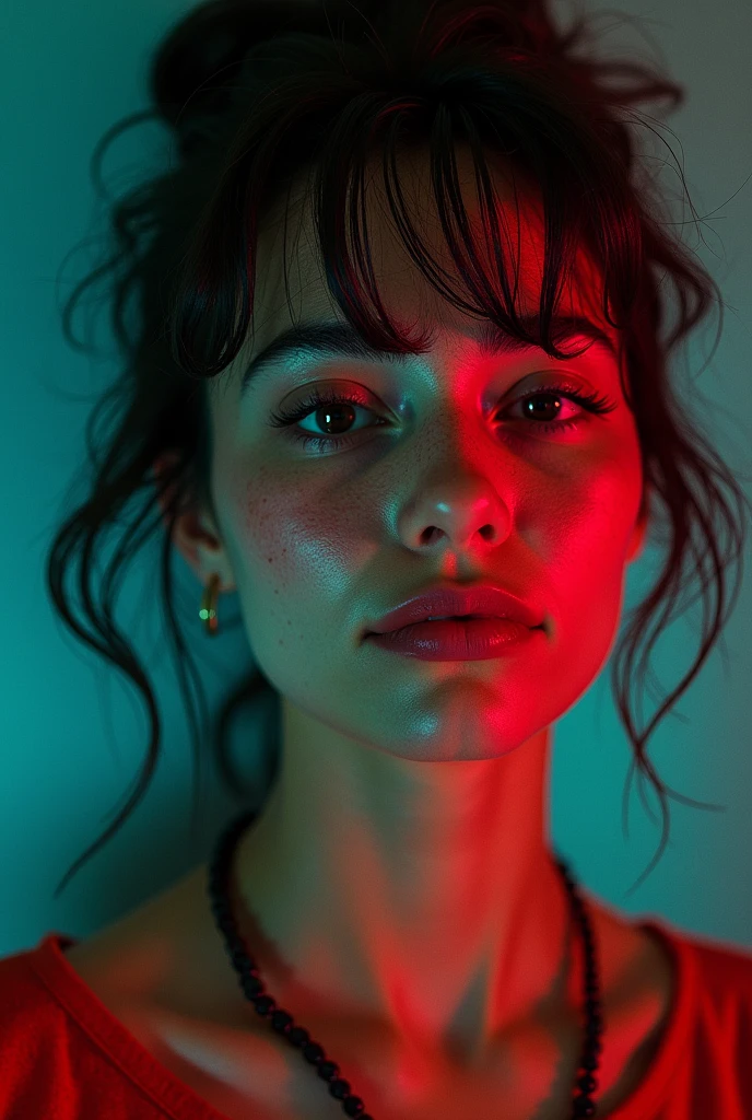 Film still, cinematic, photo of a cute woman, detailed skin texture, shot on film, vibrant colors, neon theme