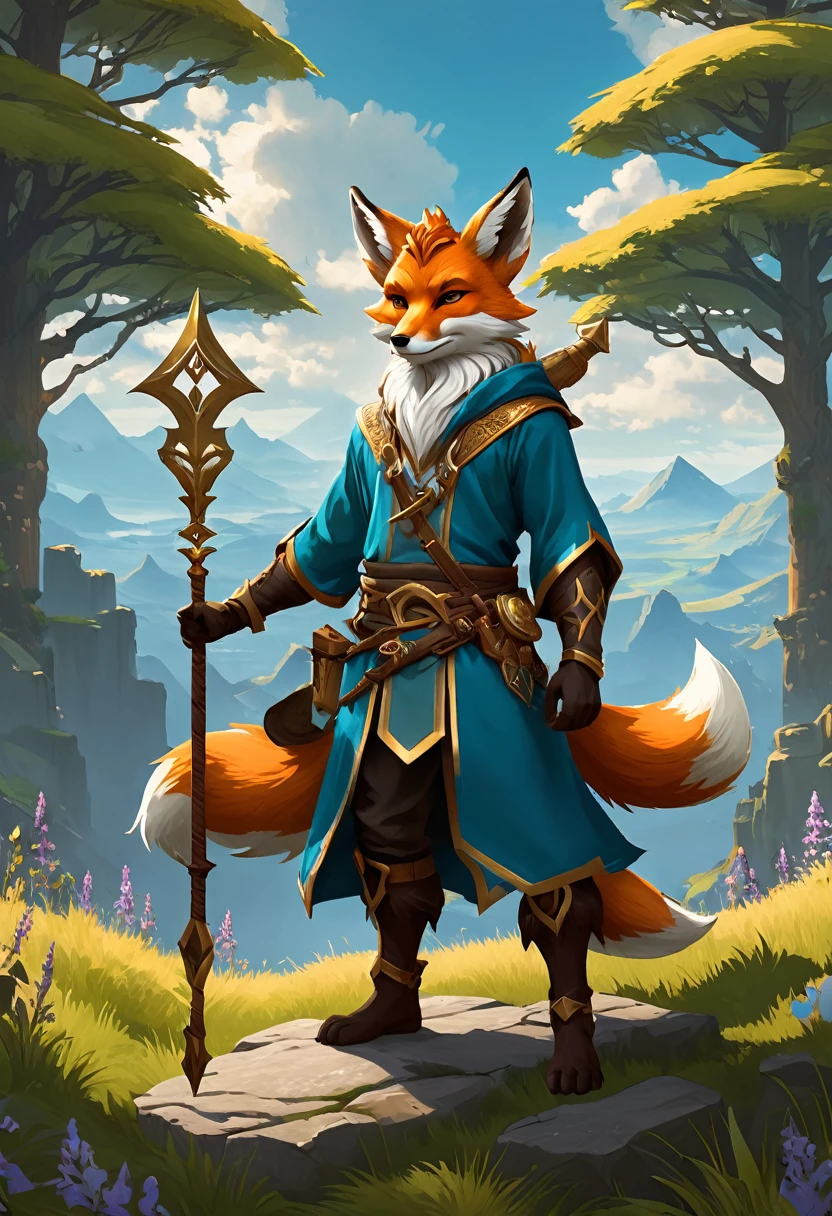 Anthropomorphic masculine fox-satyr mage. full body Official Art – An Award-Winning Digital Masterpiece In 4K Ultra HD, Extreme Detail And Intricate Realism. Symmetrical Face. This Concept Art Brought To Life By The Hands Of Artists Like Wlop & Artgerm In A Stunning 2D Vector Illustration. Breath of the wild. Background Is A Panoramic Vista.