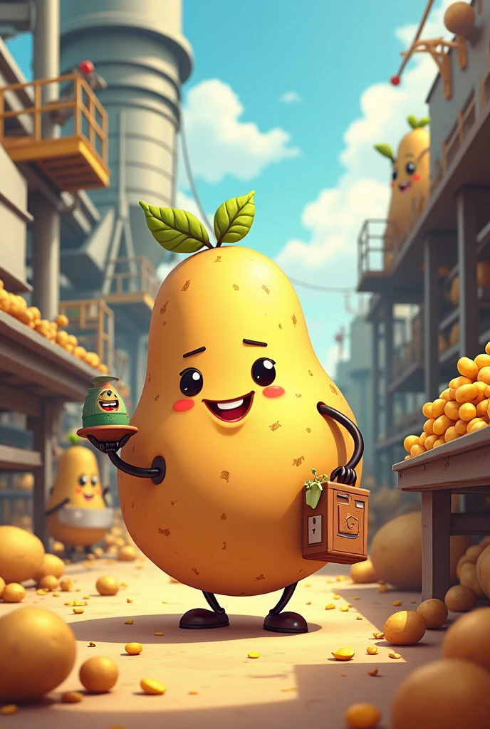 A cute potato character works in a potato factory