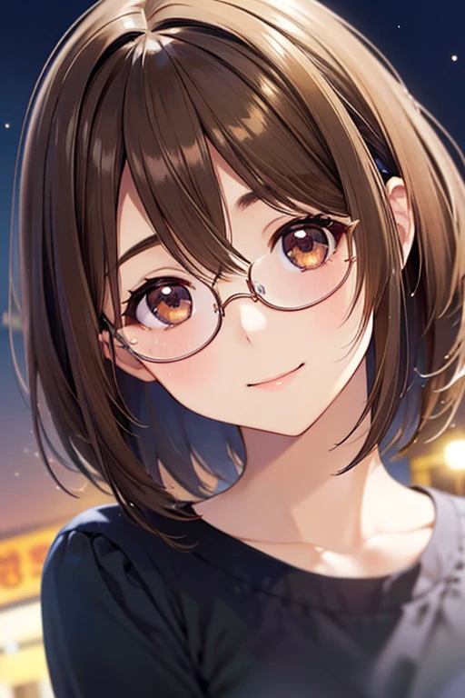 anegasaki nene、Shiny brown hair, short hair, (Beautiful brown eyes、Sparkling eyes, Fine grain)、smile、Ultra-detailed eyes、Highly detailed face, Highly detailed eyes,


masterpiece、High resolution、High resolution、High resolution、1 female、Very close、
((Depiction of only the upper body))、((Brown Hair、short hair、Pixie Cut))、
((Round frame glasses))、優しいsmile、Smiling with teeth showing、((Late Night City))、