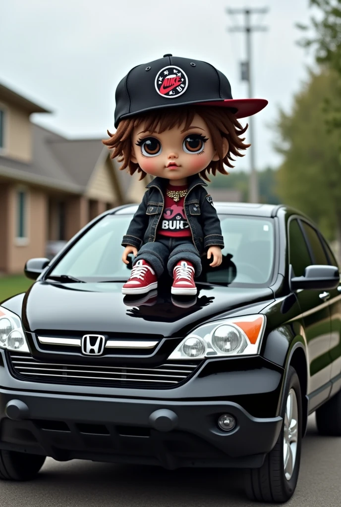 Punk doll on top of a black Honda CRV 2009 model, The doll that has some Air Force Ones and a Nike cap on the back
