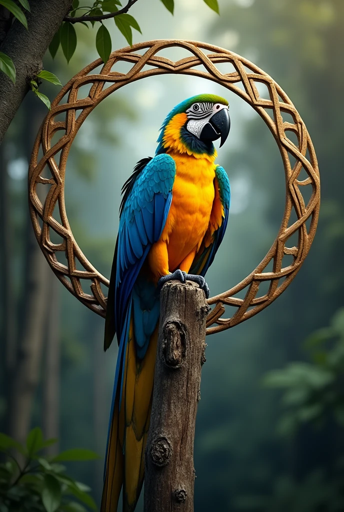 A blue and yellow Canindé macaw sitting on a tree trunk in a round openwork design