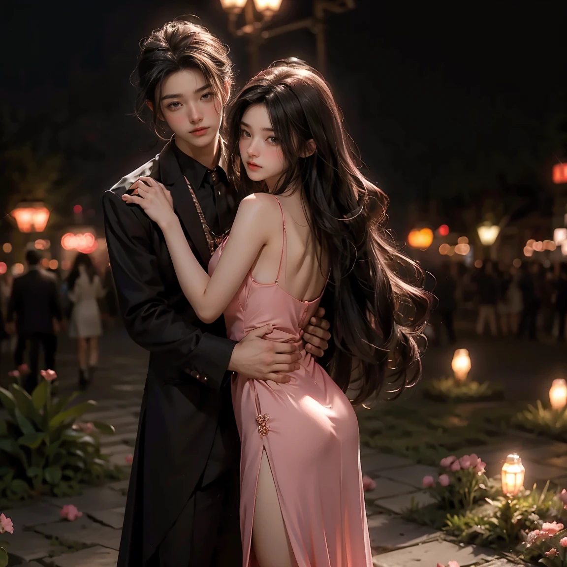 Night Flower Garden,Woman in pink evening dress,Long, straight, dark brown hair. ,Couple hugging from behind,Short black hair for,handsome,A young woman with long, wavy black hair,black dress,footpath ,The lights are dim.,Half body 4k,35 year old man ,Strong, broad chested ,Big one,Taller men,Not full.