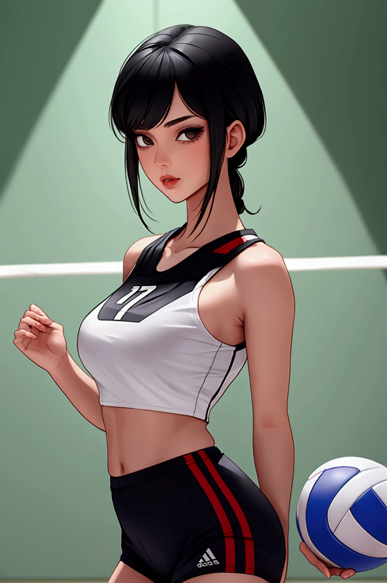 Girl with Short black hair and black eyes, full lips, sexy, sporty body in indoor volleyball clothes