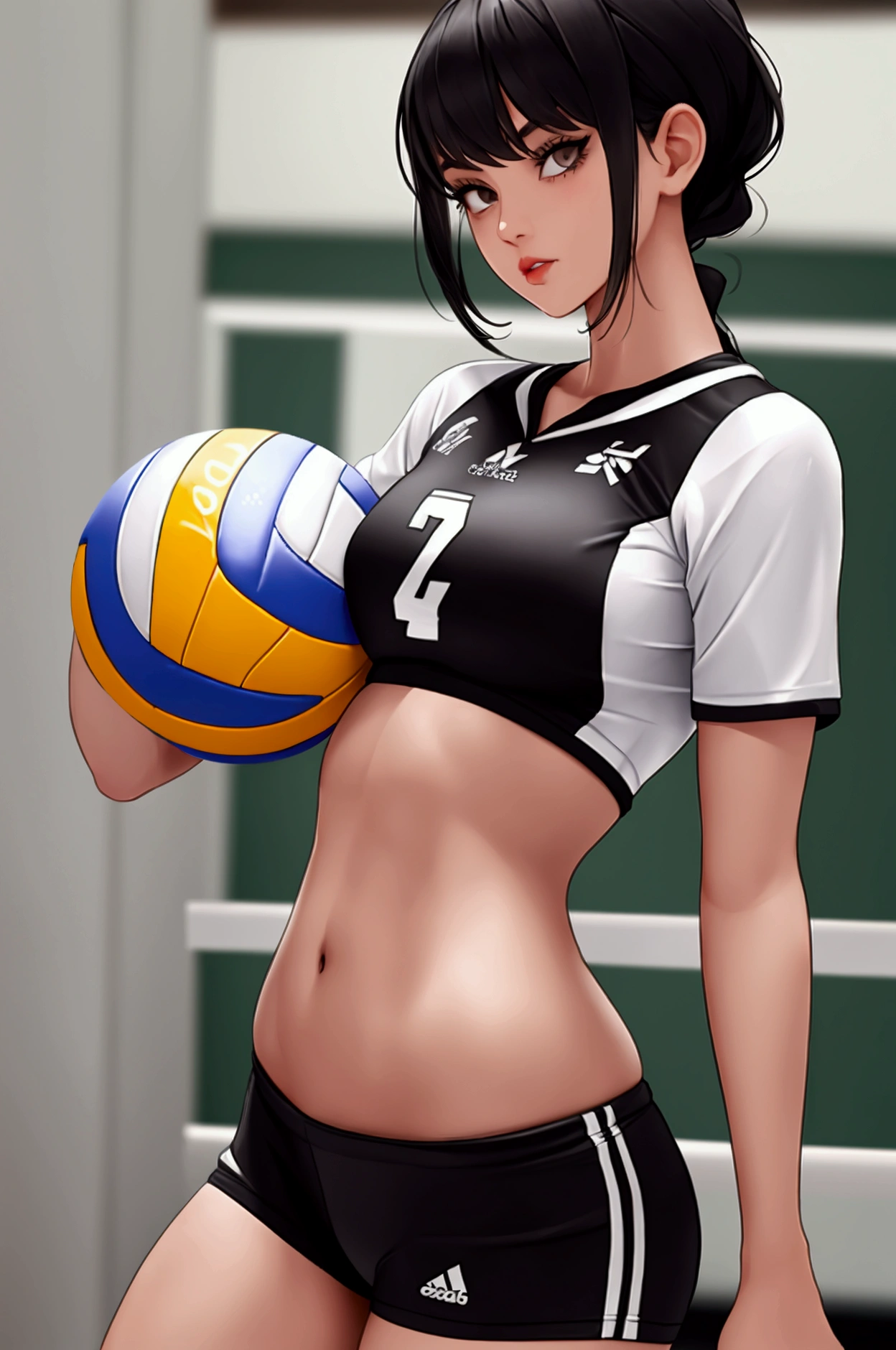 Girl with Short black hair and black eyes, full lips, sexy, sporty body in indoor volleyball clothes