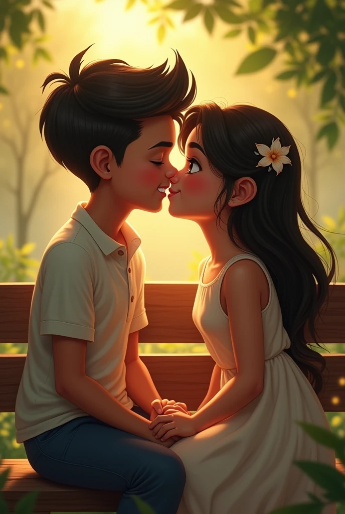 A dipesh name boy and a jenisha name girl
 sitting in the brench and kissing