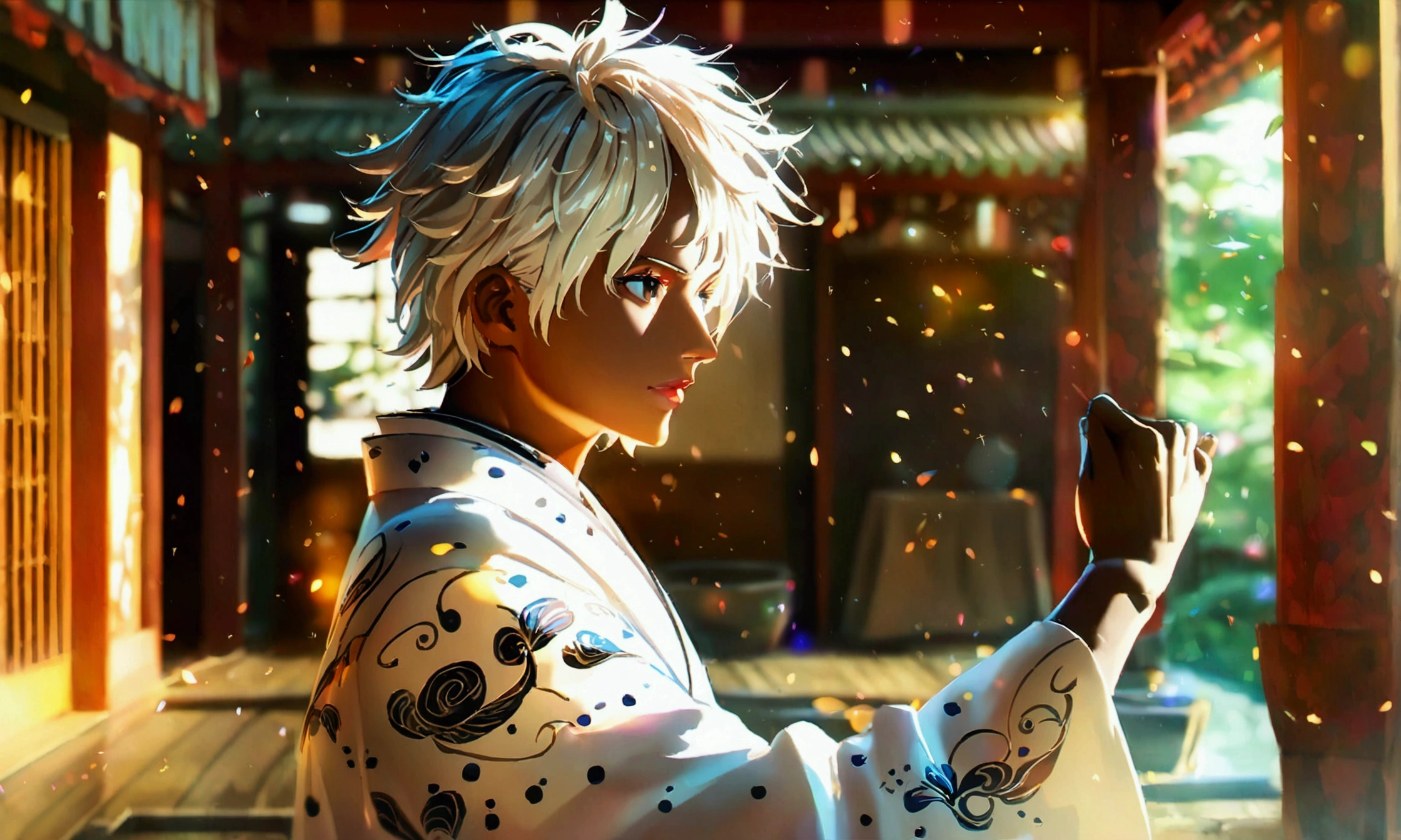 Man, brown skin, whitish hair, white kimono with black details, dojo background, "Intricate anime character design inspired by ONE PIECE, stunning lighting, centered character, stunning face, creative details, ultra-fine 2D design, scenery bathed in creativity, boasting 2D anime resolution clarity, 4K anime quality, high-octane rendering"