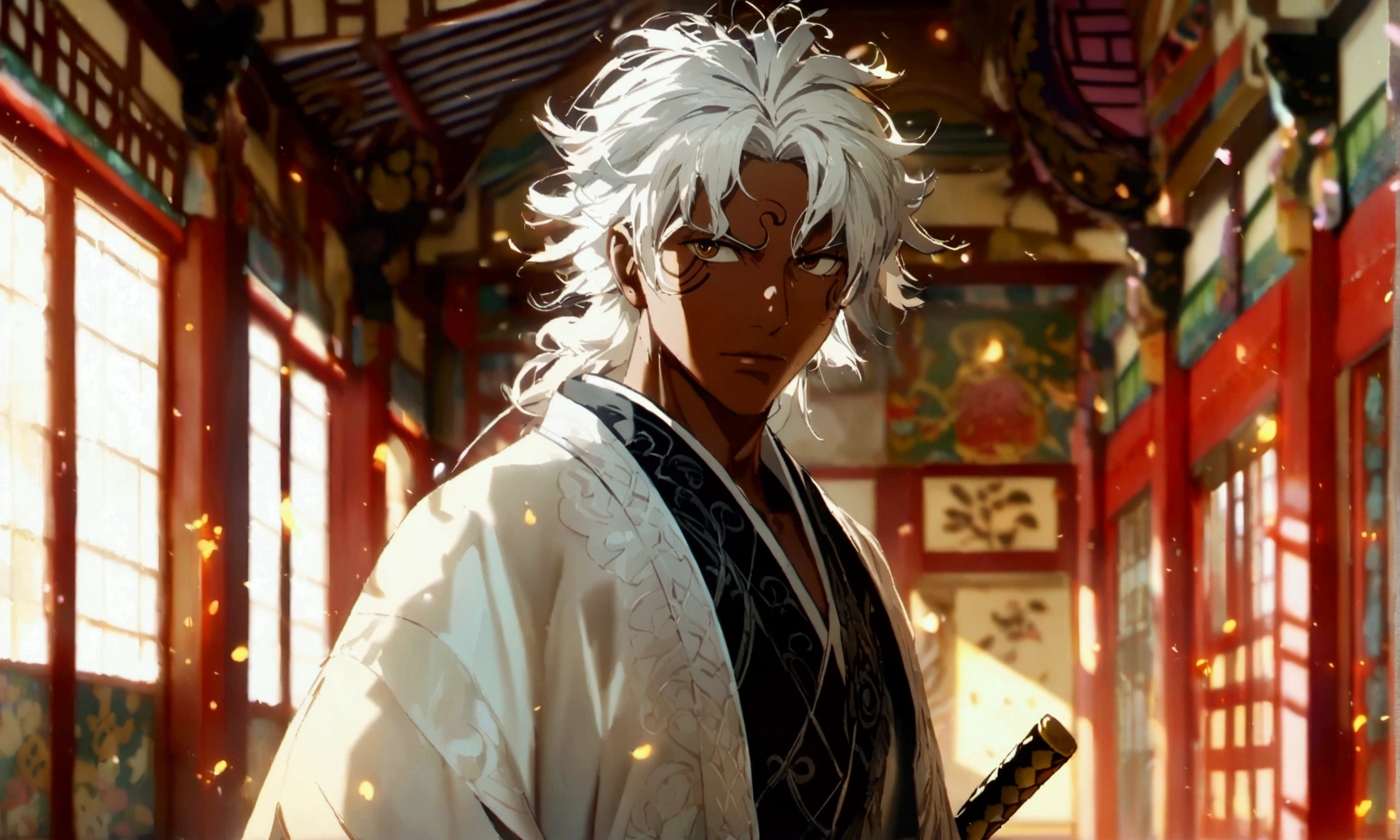 Man, brown skin, whitish hair, white kimono with black details, dojo background, "Intricate anime character design inspired by ONE PIECE, stunning lighting, centered character, stunning face, creative details, ultra-fine 2D design, scenery bathed in creativity, boasting 2D anime resolution clarity, 4K anime quality, high-octane rendering"