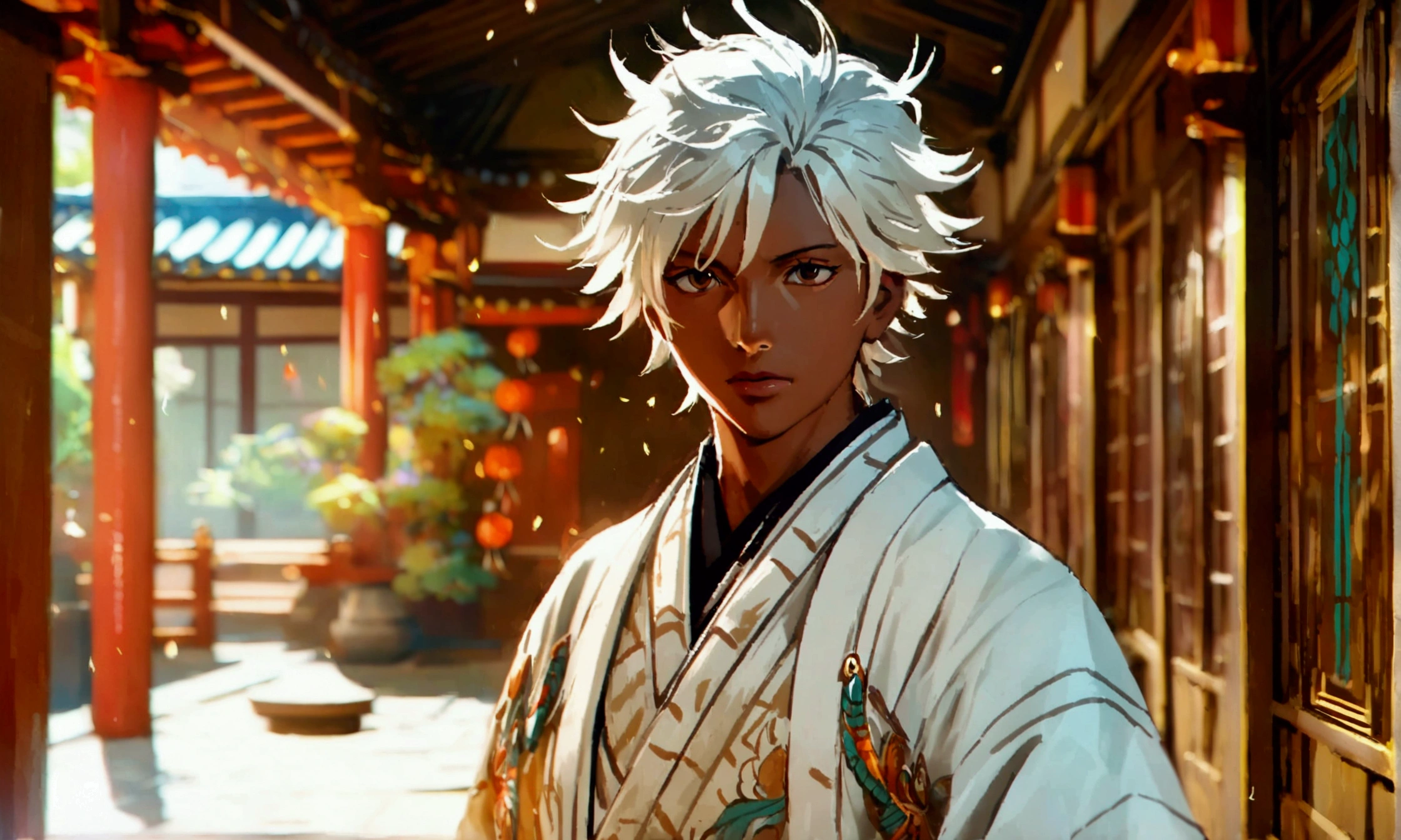 Man, brown skin, whitish hair, white kimono with black details, dojo background, "Intricate anime character design inspired by ONE PIECE, stunning lighting, centered character, stunning face, creative details, ultra-fine 2D design, scenery bathed in creativity, boasting 2D anime resolution clarity, 4K anime quality, high-octane rendering"