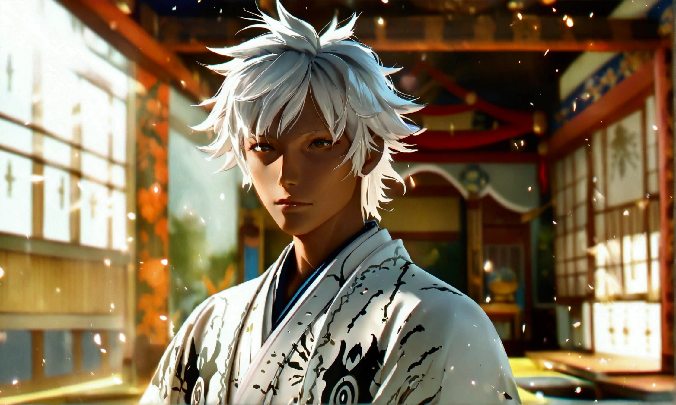 Man, brown skin, whitish hair, white kimono with black details, dojo background, "Intricate anime character design inspired by ONE PIECE, stunning lighting, centered character, stunning face, creative details, ultra-fine 2D design, scenery bathed in creativity, boasting 2D anime resolution clarity, 4K anime quality, high-octane rendering"