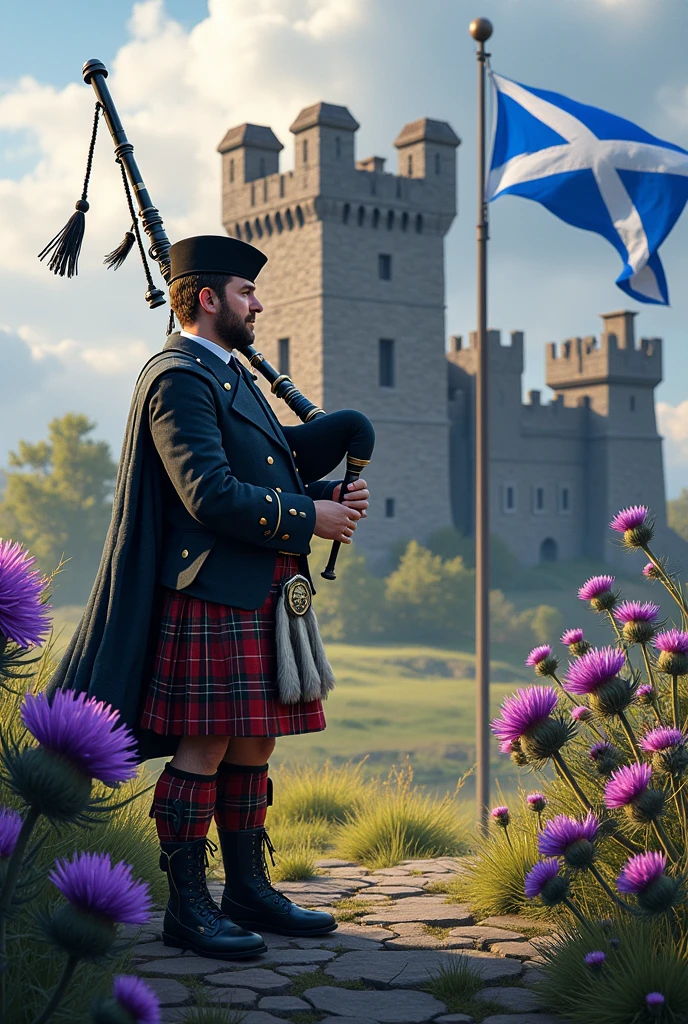 drumtochty castle scottish thistle scottish flag man in kilt and bagpipes in small