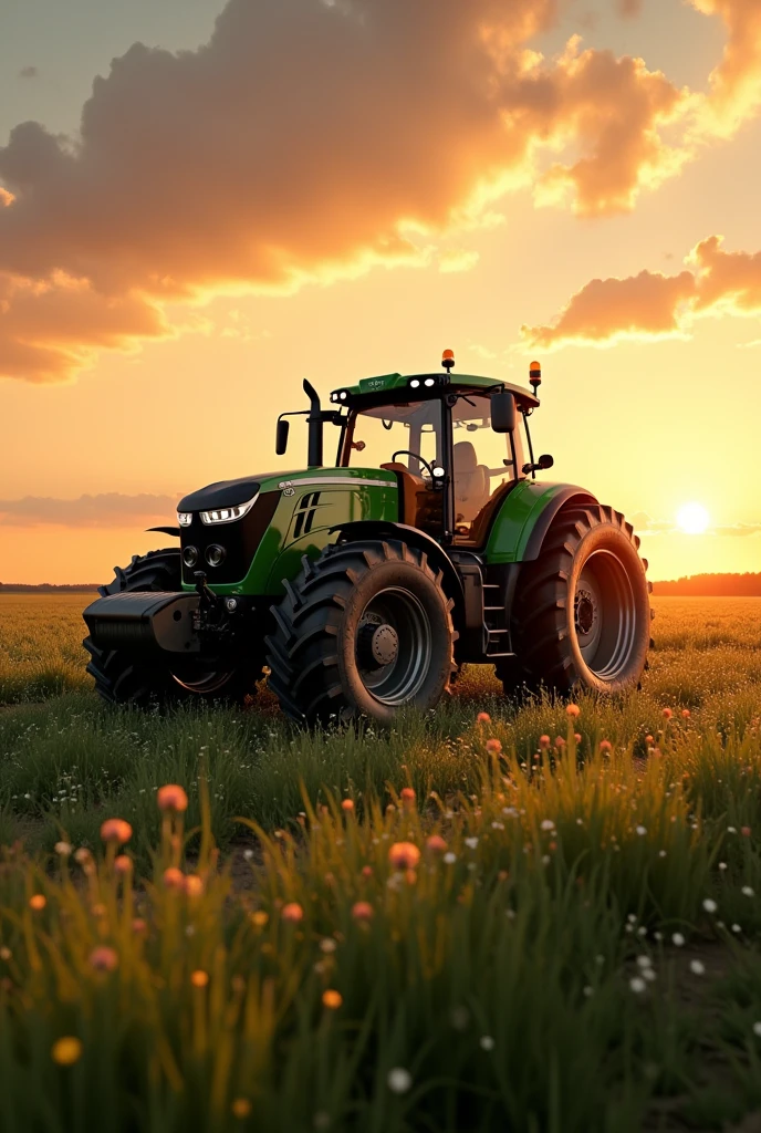 T7 tractor in a beautiful field at sunset 

