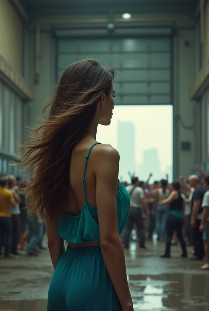 A woman with brown hair, Turquoise blouse with thin straps and blue pants watches as a crowd tries to knock down the wooden door of a large warehouse 