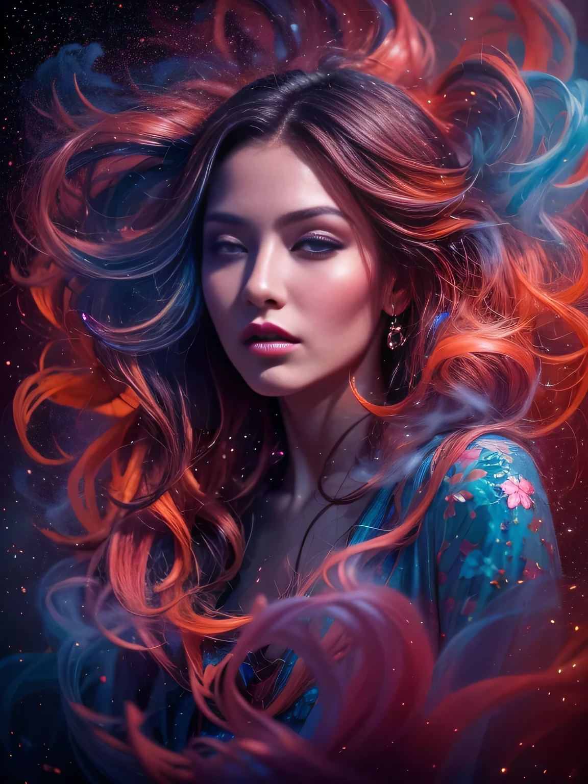 Create an image of a beautiful woman surrounded by colorful, swirling smoke. She has striking features and is illuminated by a soft, ethereal light that highlights her face and flowing hair. The smoke around it forms intricate patterns in vibrant shades of red, blue and pink, creating a dreamlike atmosphere. Splash of colorful glitters, The background is dark, allowing the colorful smoke and its serene expression to stand out, giving the image a mystical aura and captivating. high quality, 8k. HDR.