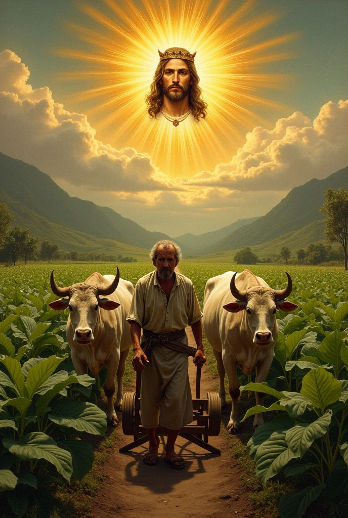 Create A medieval painting of a humble, blond, tired peasant working in a vast, endless tobacco field,green and mountainous, guiding a plow through the land in front of him two large oxen. He is dressed in worn out clothes, like a linen shirt and worn pants, while holding the plow firmly. In front, the oxen are pulling the plow wildly.. In the sky above him, instead of the common sun, there is an icon of the face of Jesus Christ. Jesus is depicted as a radiant figure, with a golden halo around his head, and a majestic crown in a blessing, emanating light that illuminates the field. The scene is peaceful and serene, with warm tones of golden light, symbolizing divinity and blessing on the peasant's work.