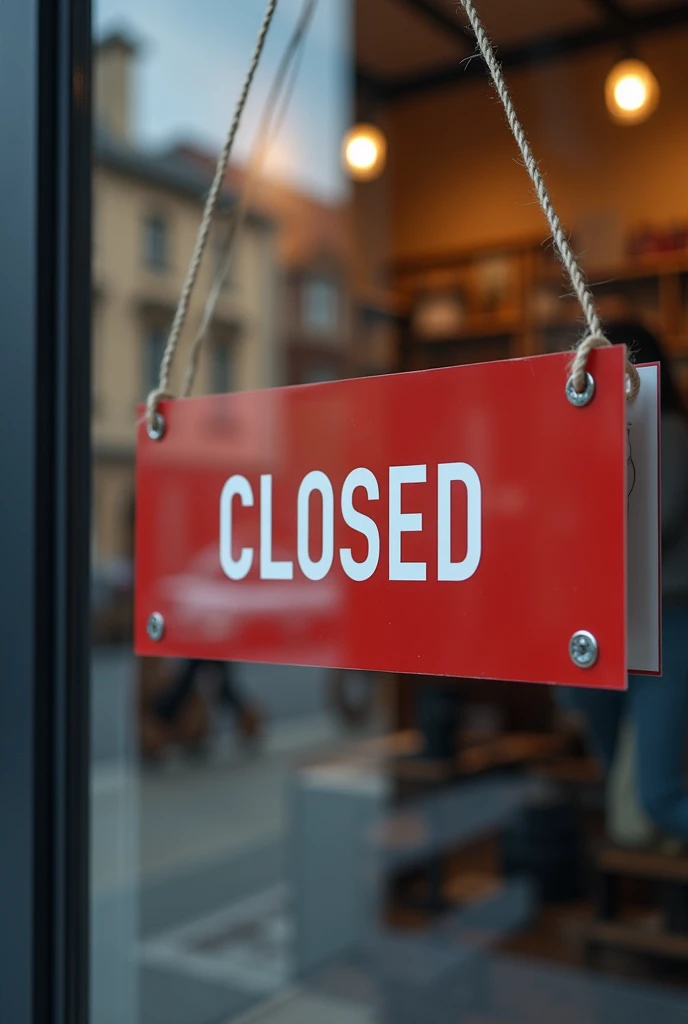 Create an image that clearly shows that the store is closed. The scene must include a visible sign on the door or window with the word 'Closed' or 'Closed'. Make sure the doors are closed or the blinds are down. The inside of the store should look empty, without any activity, with empty shelves or a display case with no visible products. To reinforce the idea that the store is closed, You can include details like lights off or a quiet atmosphere with no people inside.. The outdoor environment can be a shopping street with few or no people around., suggesting that the store is not in operation at the time, detailed, masterpiece, Best Quality, High resolution