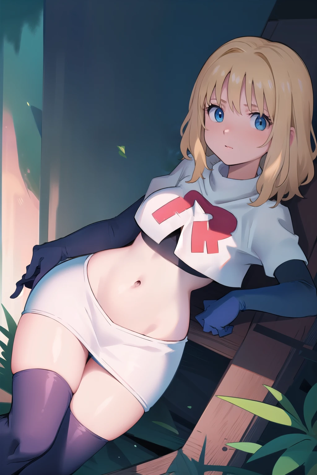 1girl, sxhelen, blonde hair, medium hair, blue eyes, team rocket,team rocket uniform,white skirt,red letter R,crop top,black thigh-highs,black elbow gloves, forest,