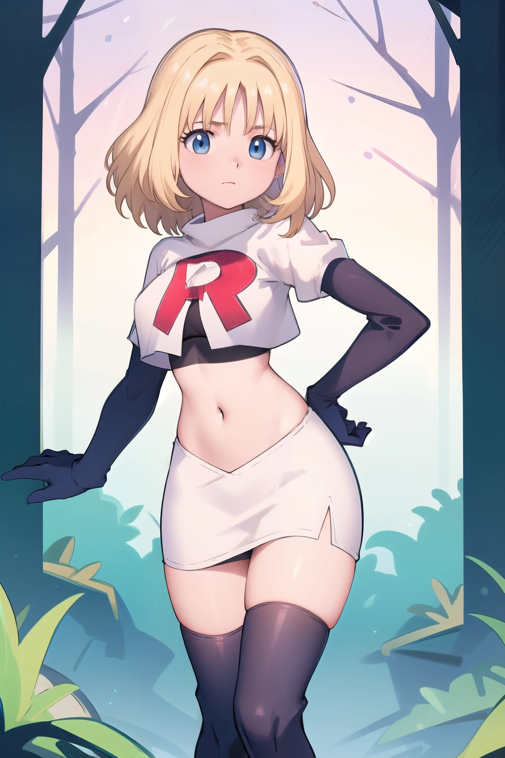 1girl, sxhelen, blonde hair, medium hair, blue eyes, team rocket,team rocket uniform,white skirt,red letter R,crop top,black thigh-highs,black elbow gloves, forest,