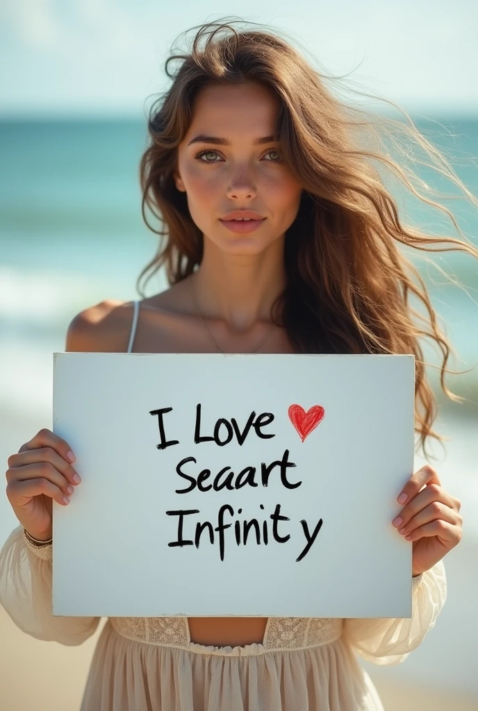 Beautiful girl with wavy long hair, bohemian dress, holding a white board with text "I Love Seaart Infinity" and showing it to the viewer