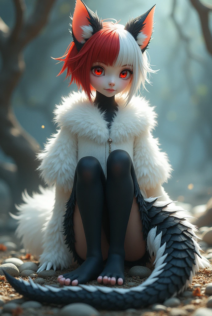 Furry girl with short hair, half red and the other half black, with white fur, black legs with white fur, Black arms with white claws with a black and white dragon tail mixed with a white fur shirt
