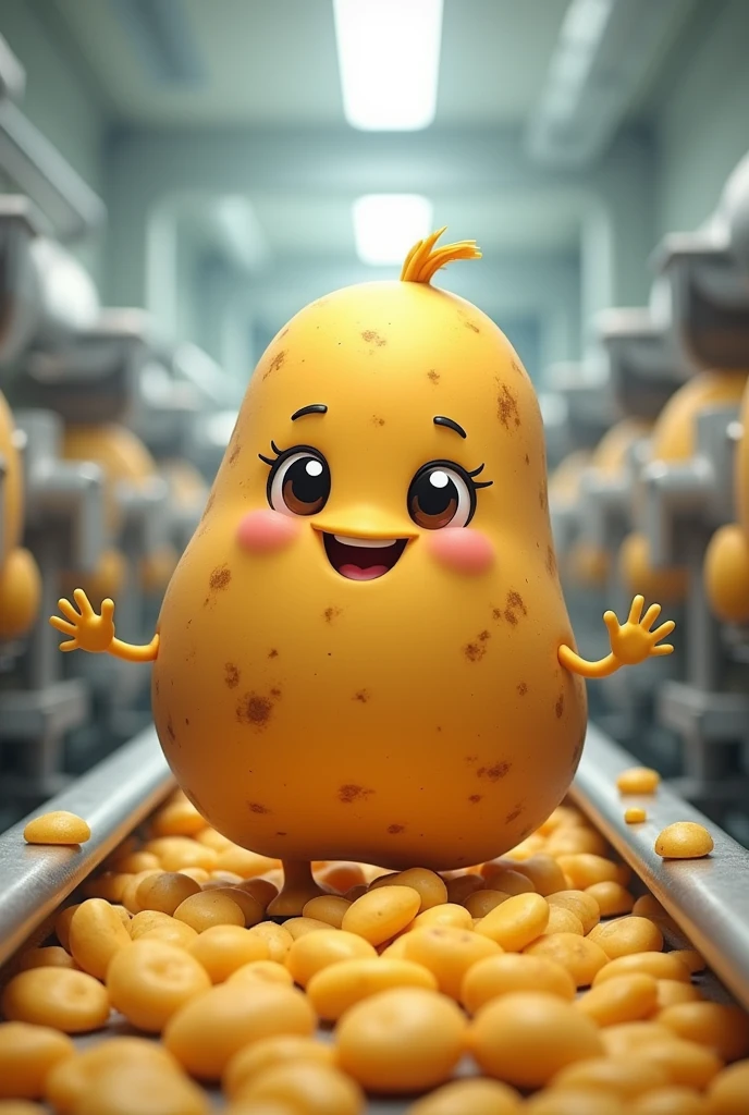 A cute potato character works in a potato factory。No background。Don't carry any luggage。