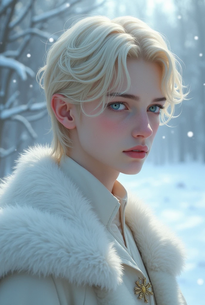 soft boy, quite sensitive, very pale even for the people from Russia, he is known as the ice prince because of his very fair complexion, soft features, quiet, very blond straight short cute hair, slender looking, too beautiful for a boy, 17 years old, soft pink lips, pale blue icy eyes, cute and skinny but still very handsome, boy, his facial features as gentle and refined, His slight frame and delicate appearance make him stand out as both handsome and fragile, ethereal beauty and quiet demeanor, Prince in winter