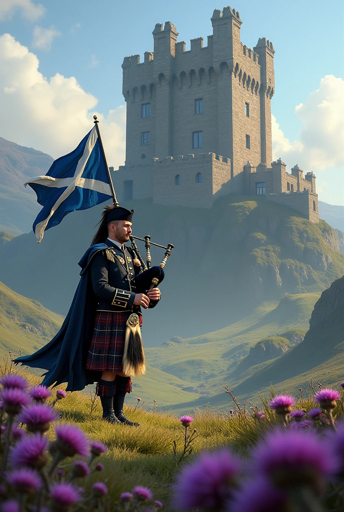 drumtochty castle scottish thistle scottish flag man in kilt and bagpipes in small