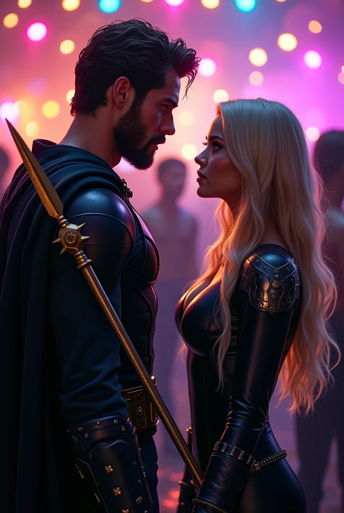 A brown-haired man with brown eyes, He wears a black cape with gold details and seems to smile very slightly., He has a LITTLE beard, is of strong build. In front of him and a little far away is a blonde woman with long hair and blue eyes., young, he looks at him seriously, They are a few meters apart but threatening, The woman carries a golden spear with silver details and is wearing a black leather suit.. The background is a party with led lights