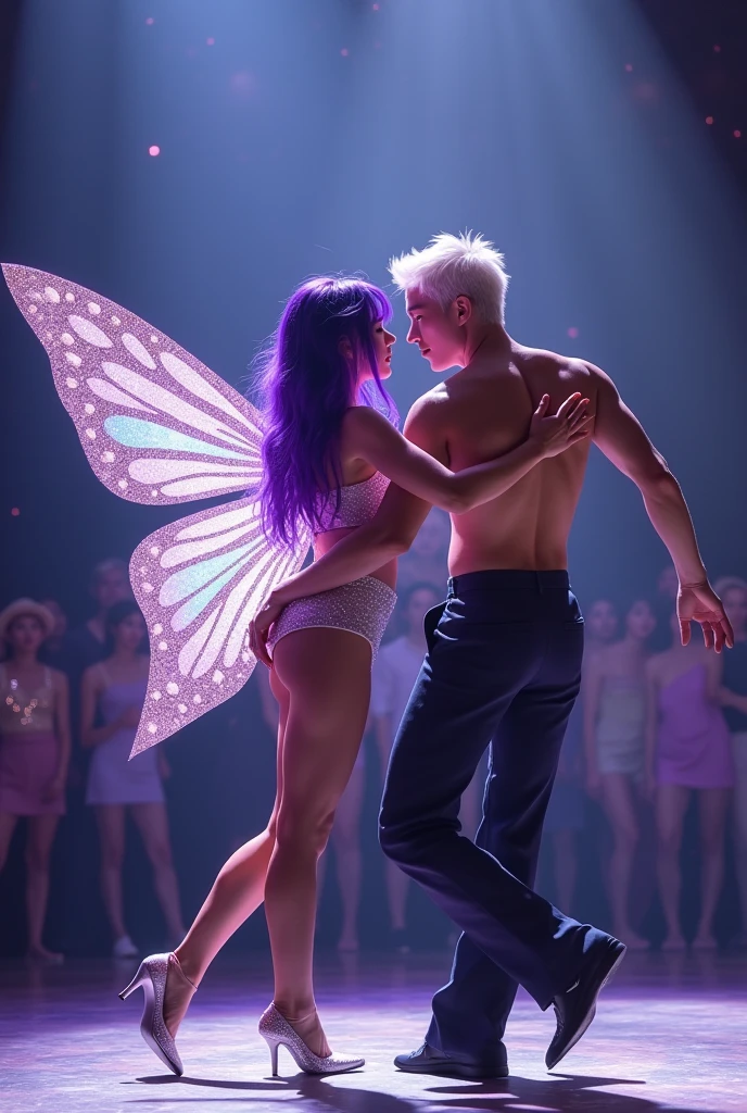 Korean purple hair butterfly woman with glitter wings with young white hair man shirtless dancing jazz on stage short outfit young people