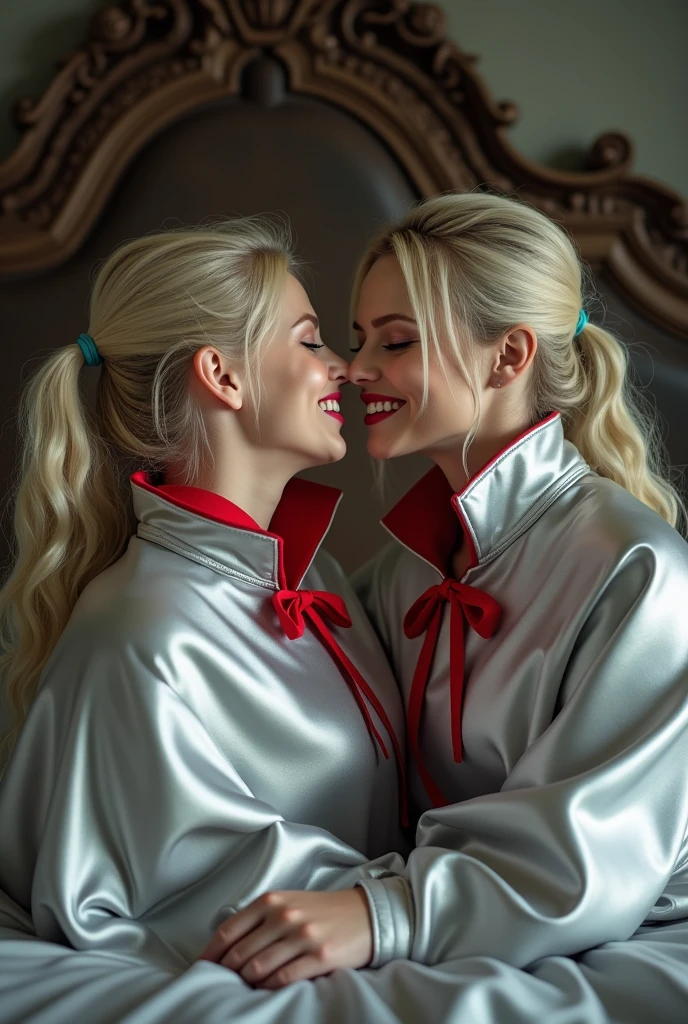 2girls , Floor length high collar shiny Silver and red lined cloak tied at the neck , breathtakingly beautiful smiling girl in her 20s, platinum blonde hair, ponytail, naked, blue eyes , red lips , laying on a bed , kissing , full length shot , 8K , ultrarealistic, film grain , ((sleeves:0.20))