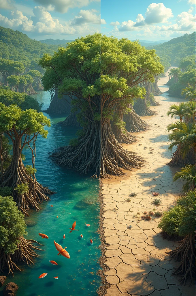 I need a mangrove full of life on the left side, and a dry one on the right side, divide it in 2