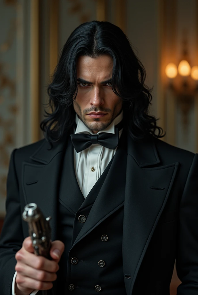 black eyes and cold,straight and long black hair,body of a deity,empty look at the powerful,naughty man,classic 19th century suit,shows the whole body,and he using a 19th century pistol