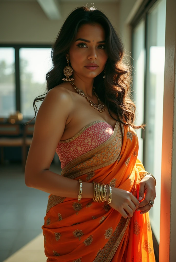 Hot and sexy indian woman, gigantic breasts, cleavage,  saree (printed Design), standing in laboratory (afternoon time), standing & model pose, beautiful body, masterpiece, ultra realistic,detailed, 16 k , Film type light, potrait photography,camera angle front, looking at viewer, navel exposes, milfy figure