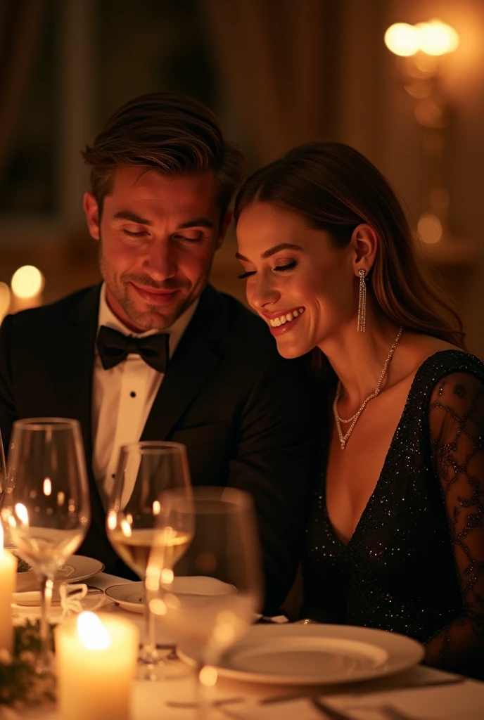 best quality, Masterpiece, High resolution, HD, super sharp face sitting , surreal, beauty, handsome guy, rich couple, 25 years old, stately and stylish, high end designer clothing, Smile, talent, at dinner, dance a part de two