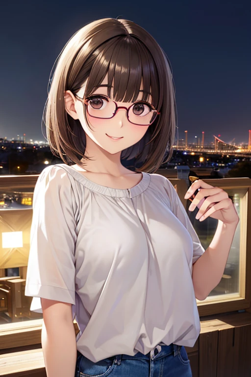 anegasaki nene、Shiny brown hair, short hair, (Beautiful brown eyes、Sparkling eyes, Fine grain)、smile、Ultra-detailed eyes、Highly detailed face, Highly detailed eyes,


masterpiece、High resolution、High resolution、High resolution、1 female、Cowboy Shot。、
((Depiction of only the upper body))、((Brown Hair、short hair、Pixie Cut))、
(Round frame glasses)、優しいsmile、Smiling with teeth showing、((Late Night City))、]