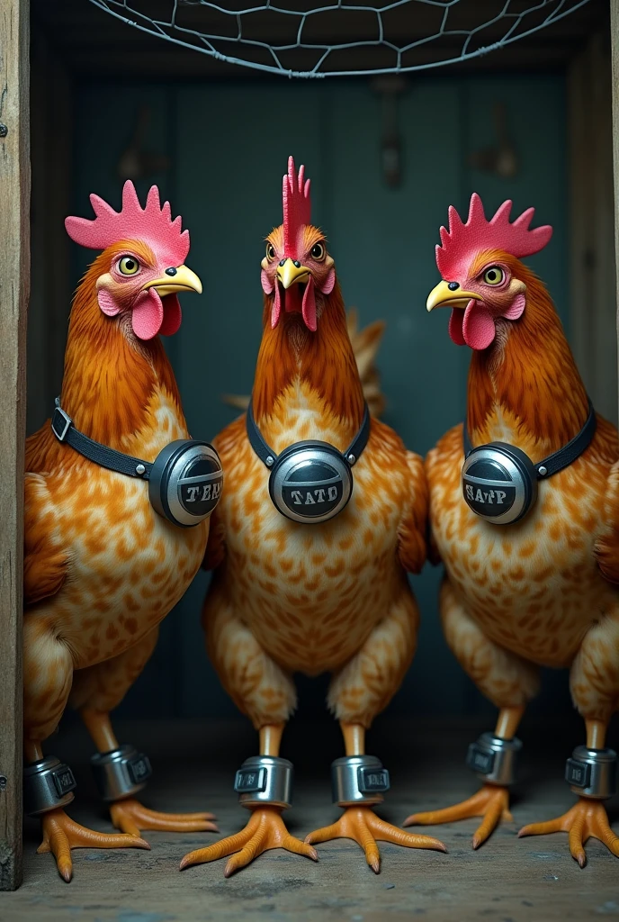 3 chickens in a henhouse. Chickens wearing electronic ankle bracelets. They are afraid.