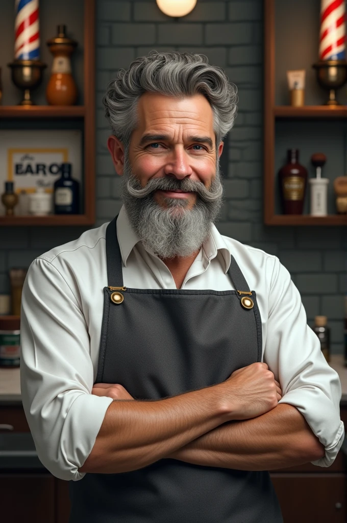 Create an image of a white barber with a beard and curly hair