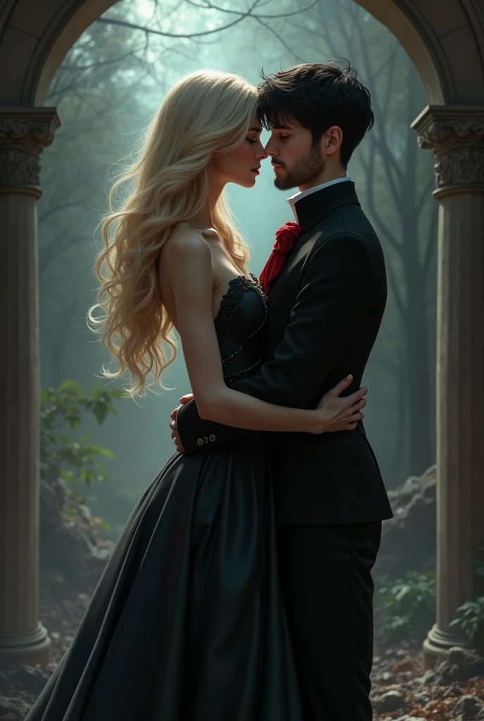 a couple, composed of a vampire, whose blonde hair falls softly down her back, He is facing away from his partner, dressed in a gothic and elegant way, His skin is pale, The man is a young dwarf, shorter than the girl, with cheerful features on his face, black hair, short beard, She is taller than him, She is 1m65 tall while the dwarf is 1m50 tall. The vampire hugs him from behind