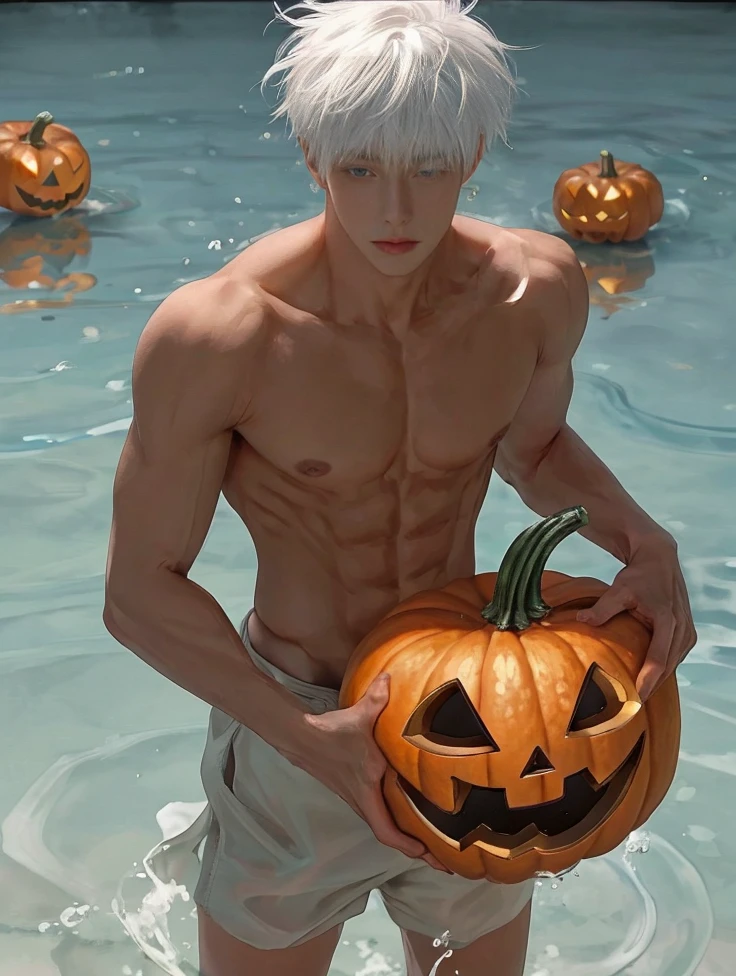 1 male, handsome Japanese male model, high resolution 4k, adult, perfect face, detailed eyes and face, muscular, white eyebrow hair, white eyelashes, Naked torso, Detailed face, perfect face, real skin texture, detail Perfect hand, details, Real and complete hand details, unreal engine, hd picture, satoru gojo, Jujutsu kaisen, white hair, short hair ,hair between eyes ,blue eyes, white skin, background Helloween, water details, pumpkin Halloween