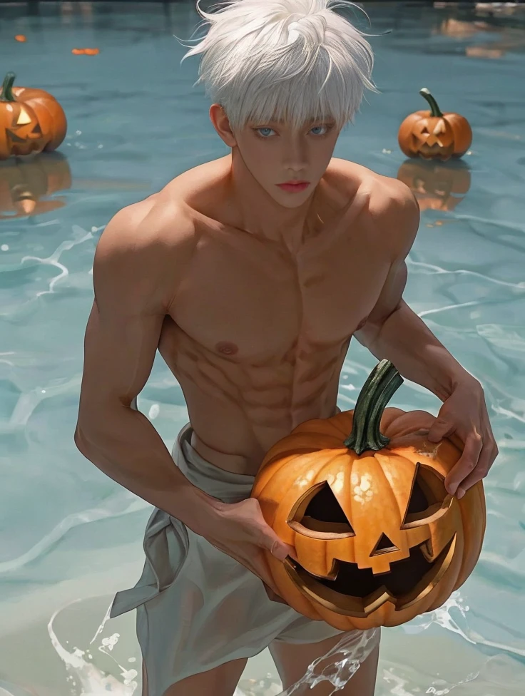 1 male, handsome Japanese male model, high resolution 4k, adult, perfect face, detailed eyes and face, muscular, white eyebrow hair, white eyelashes, Naked torso, Detailed face, perfect face, real skin texture, detail Perfect hand, details, Real and complete hand details, unreal engine, hd picture, satoru gojo, Jujutsu kaisen, white hair, short hair ,hair between eyes ,blue eyes, white skin, background Helloween, water details, pumpkin Halloween