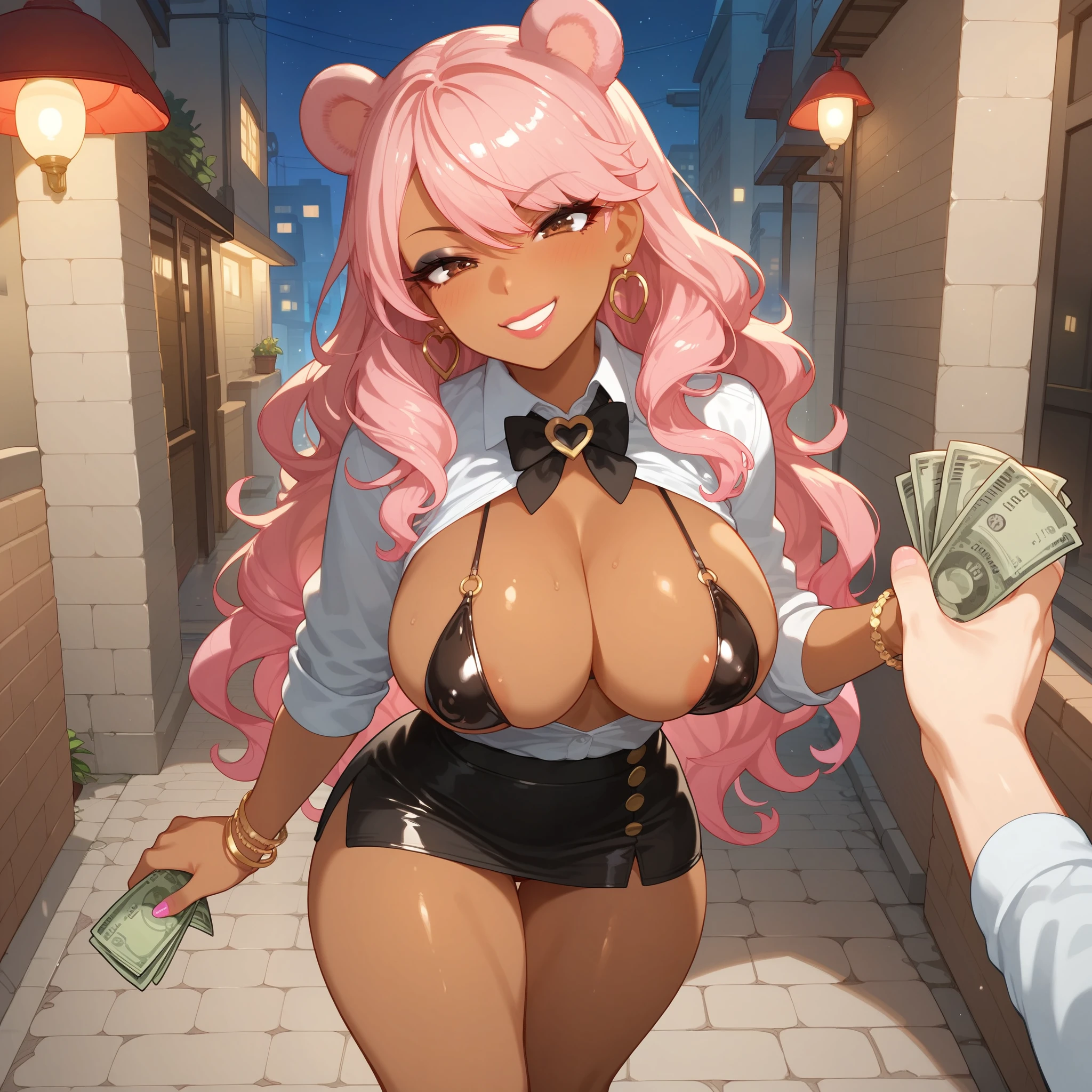 thick lips, brown eyes, pink hair, wavy hair, pink bear ears, gyaru, dark skin, long hair, large , wide hips, slender eyes, perfect eyes, thick thighs, city, night, alley, glittery slingshot swimsuit, skirt, detailed, high quality, smirk, holding money, pov, high angle, black eyeshadow,