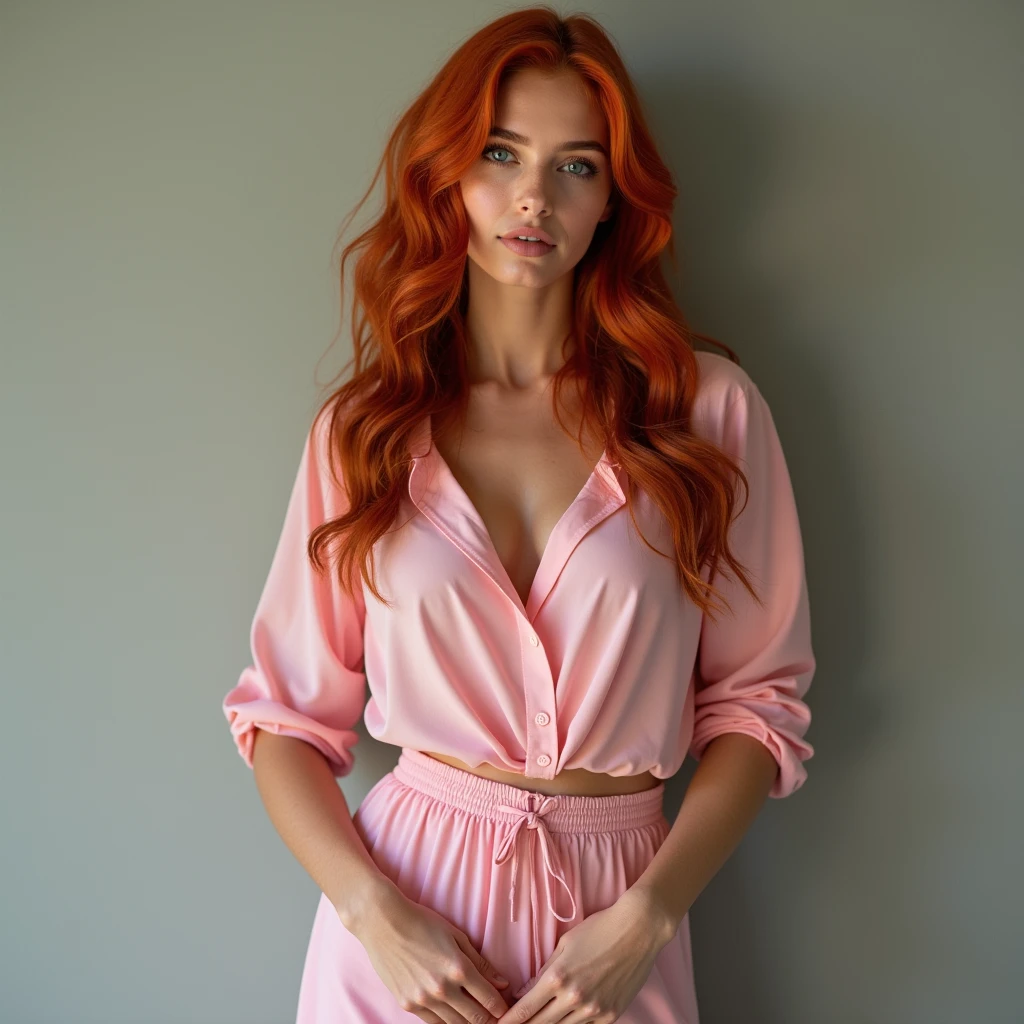 Brazilian redhead panties_to_o_lado, a woman in a pink blouse and skirt posing for a photo