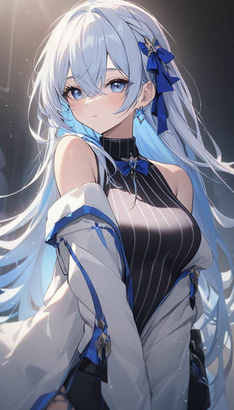 An anime-style female character with light silver hair tied into twin long ponytails and yellow headband. She has bright blue eyes and a gentle, slightly shy expression. The character is dressed in a white off-shoulder dress with white and blue accents, including a star-shaped pendant around her neck. The dress has long, loose sleeves and a short skirt. She wears a black thigh strap on her right leg. The background shows a ice castle, reflective floor with blue and metallic tones. The character is sitting on the edge of a platform or step, .absurdres, high res, ultrasharp, 8K, masterpiece, looking at viewer