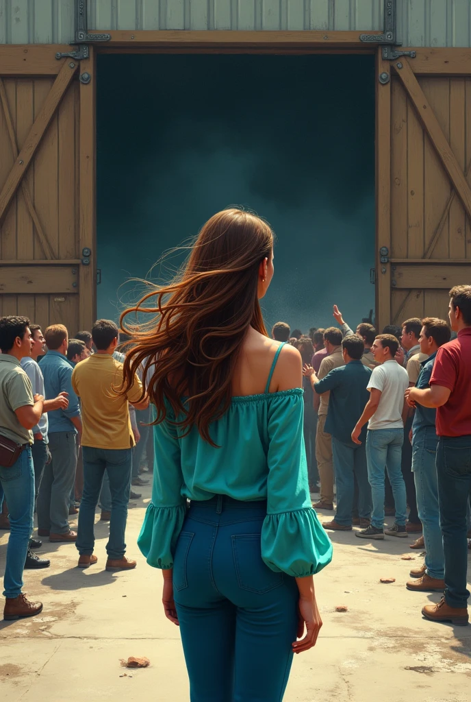 A woman with brown hair, Turquoise blouse with thin straps and blue pants watches as a crowd tries to knock down the wooden door of a large warehouse to gain entry 