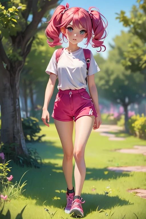 1girl, micro shorts, pink shorts, walking,, masterpiece, best quality, highly detailed,