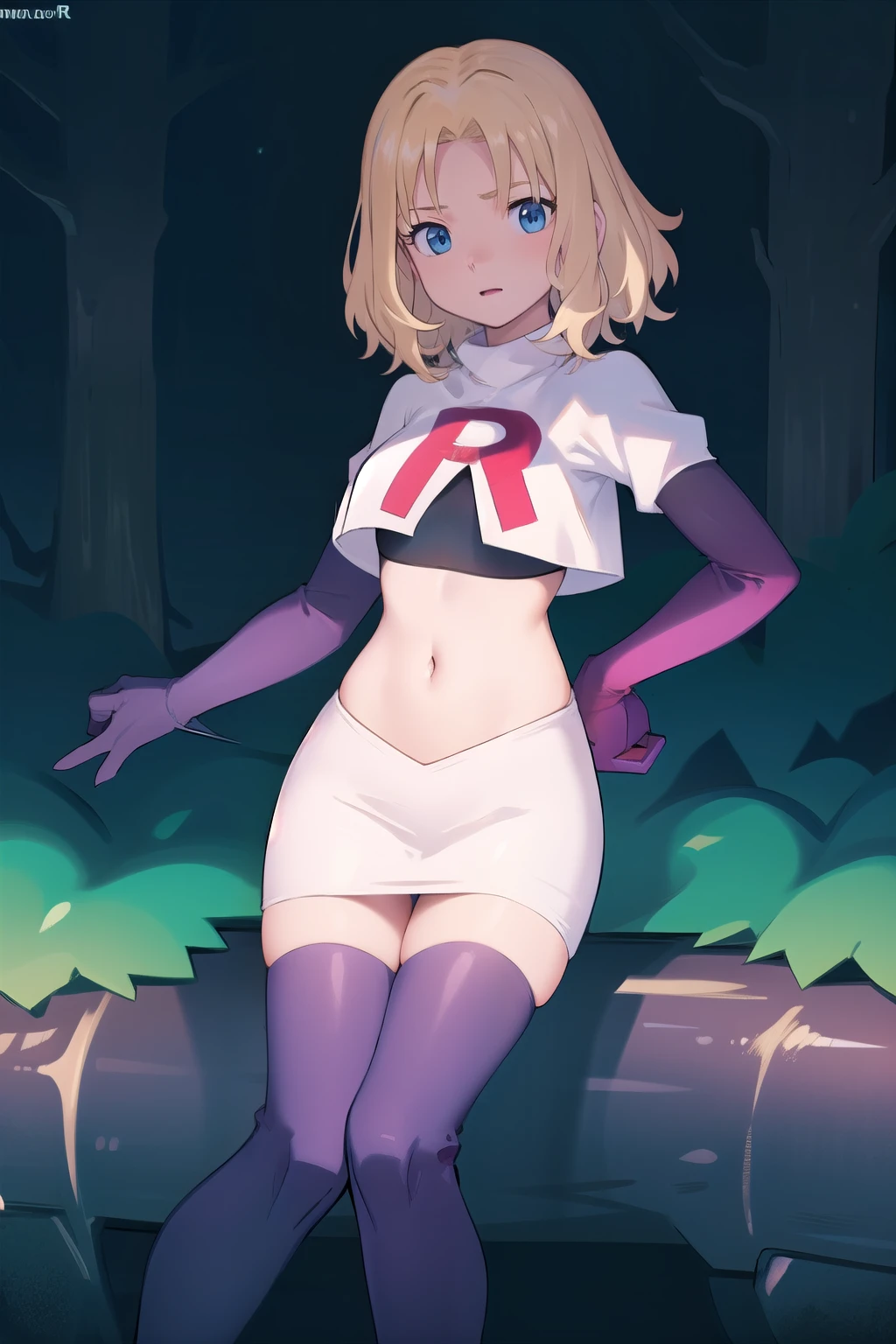 1girl, sxhelen, blonde hair, medium hair, blue eyes, team rocket,team rocket uniform,white skirt,red letter R,crop top,black thigh-highs,black elbow gloves, forest,